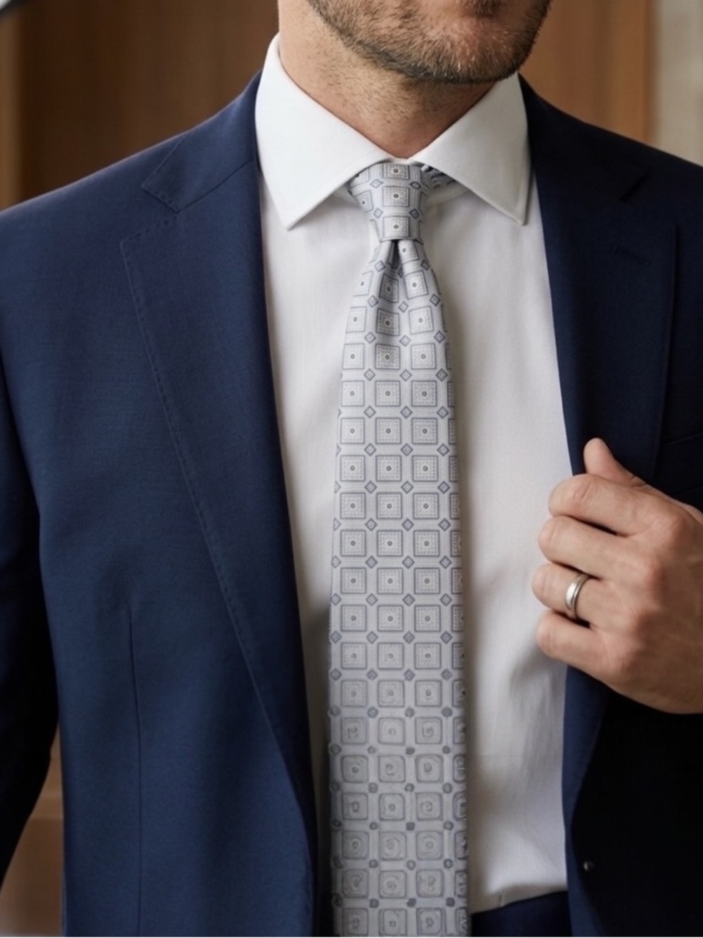 Venetto Collection Silver Gray Silk Tie Geometric 57” Men’s Wedding Business